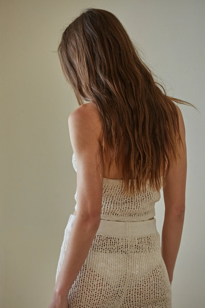 Crochet Knit Tassel Halter Neck Tank-Natural