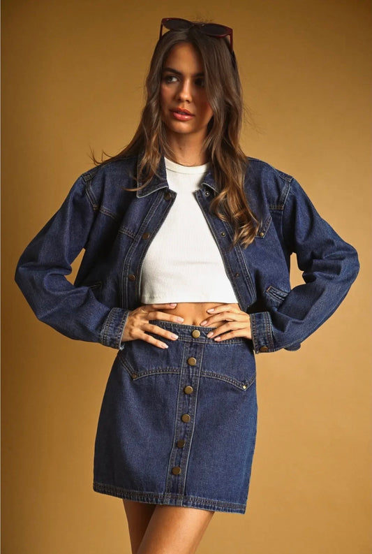 Button Down Front Detailed Indigo Denim Skirt