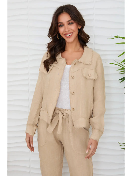Fringe Hem Button Down Linen Jacket w/Flap Pockets-Earth Beige