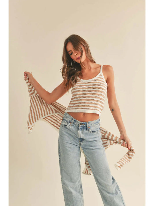 Crochet Knitted Tank-Tan/White