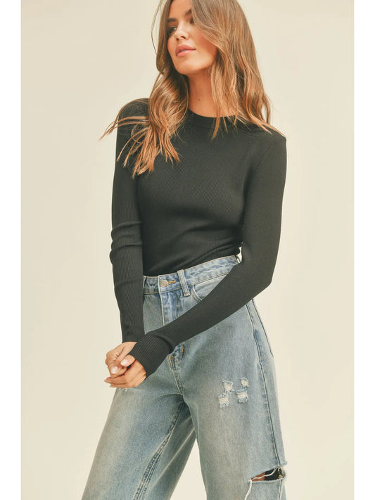 Ribbed Long Sleeve Basic Top-Black