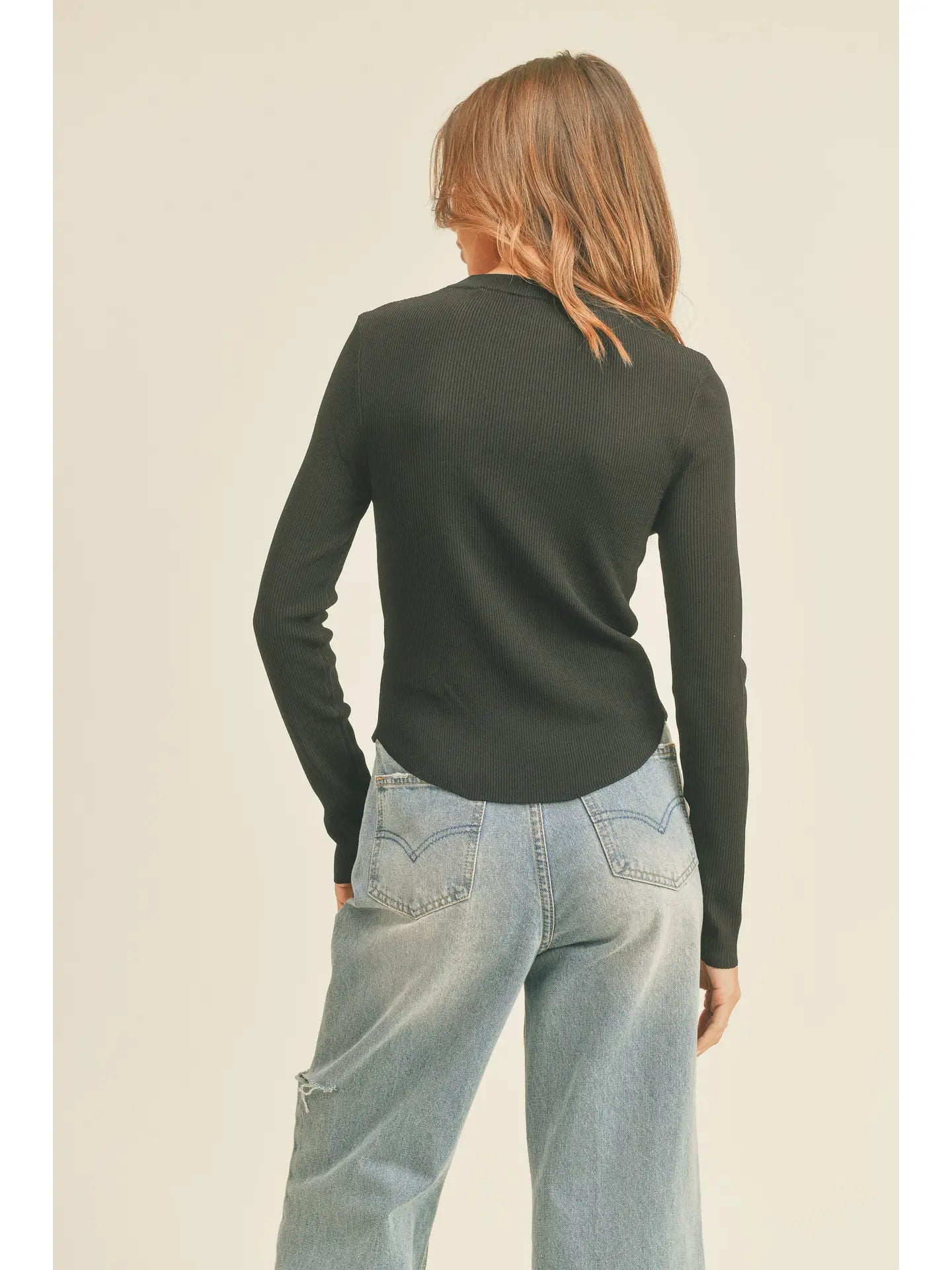 Ribbed Long Sleeve Basic Top-Black