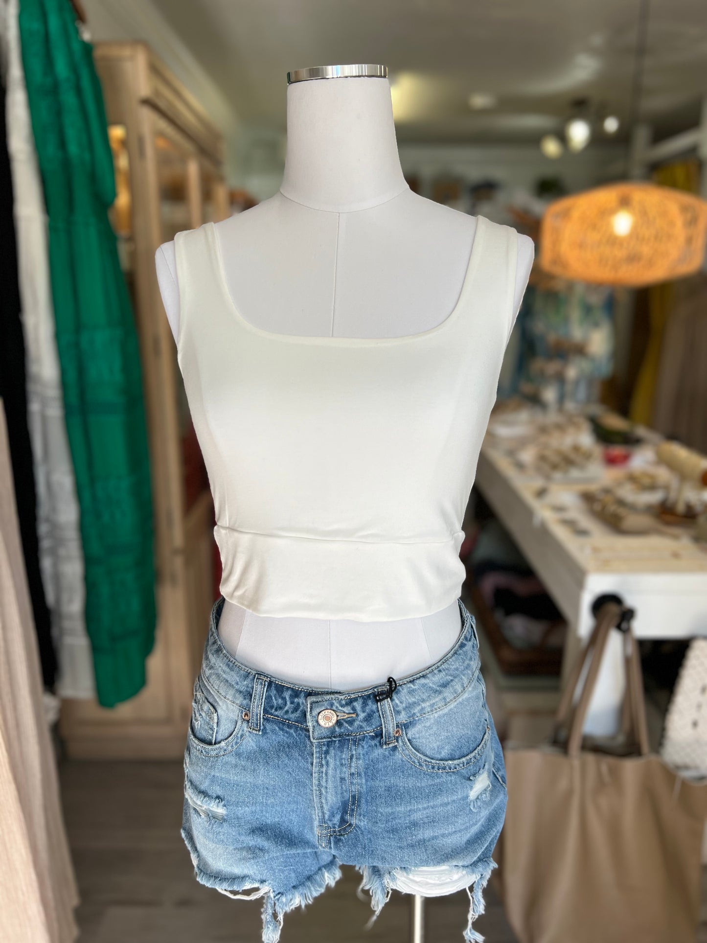 Double Layered Square Neck Crop Top-Off White