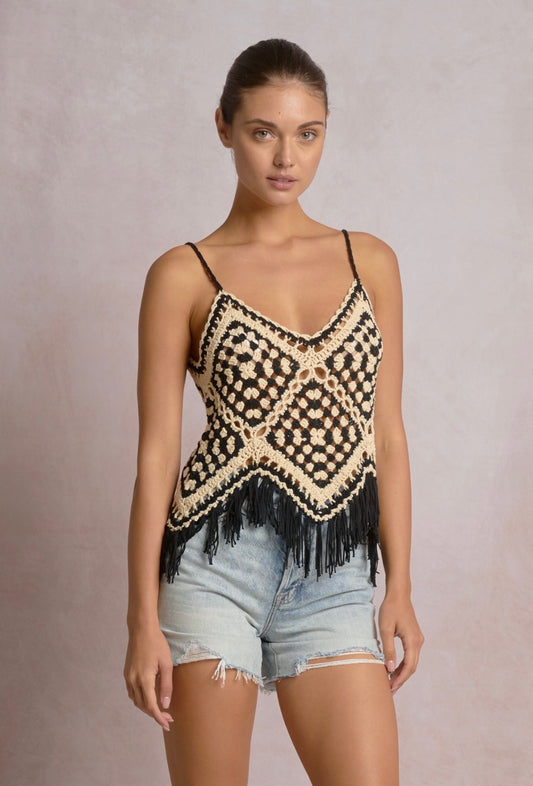 Crochet Tank w/ Fringed Hem-Black/White