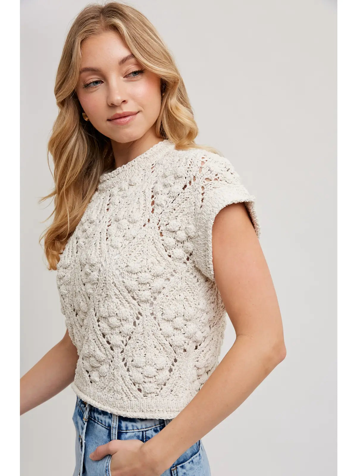 Knit Sweater Short Sleeved Pullover-Natural