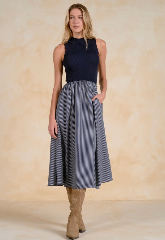 Maxi Mock Neck Dress-Blue Stripe
