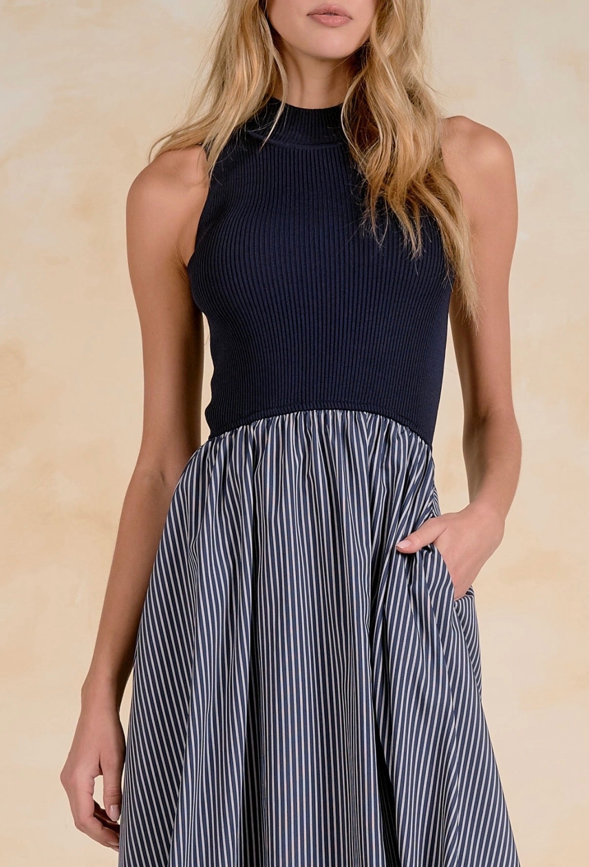 Maxi Mock Neck Dress-Blue Stripe
