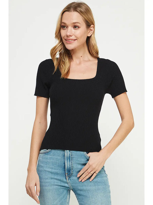Square Neck Ribbed Fine Gauze Top-Black