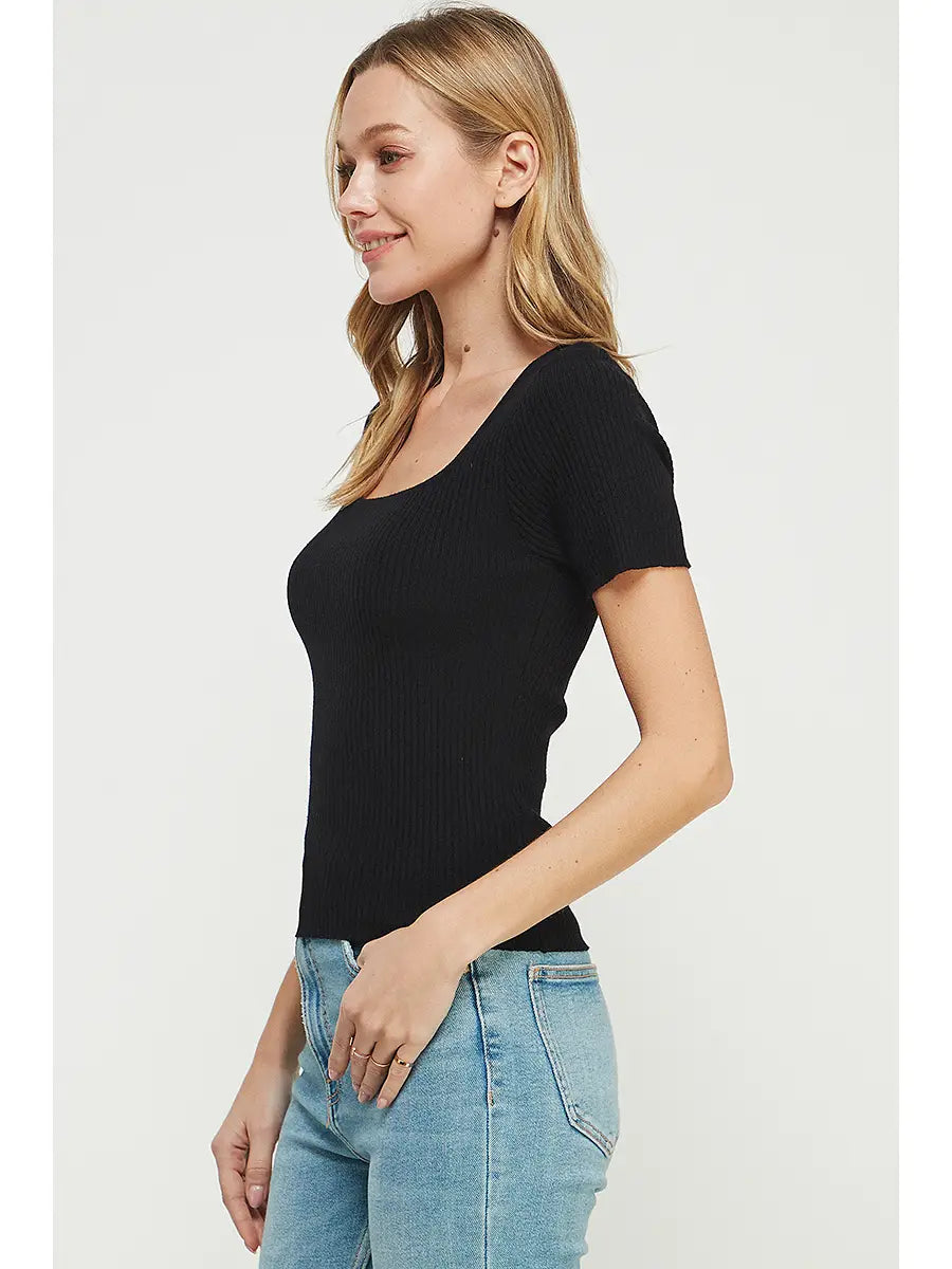 Square Neck Ribbed Fine Gauze Top-Black