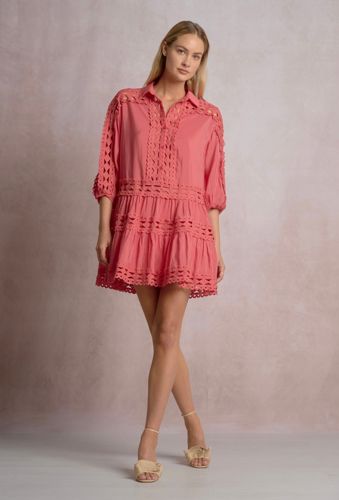 3/4 Sleeve Collare Dress-Bright Pink