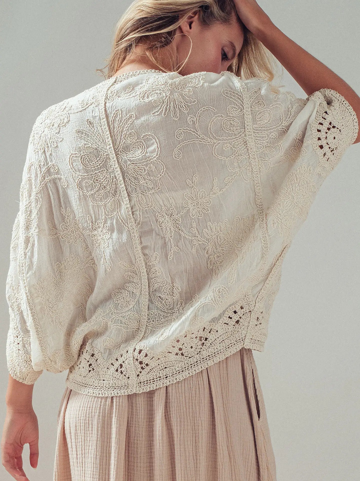 Floral Embroidered Lace Button Front Top-Natural