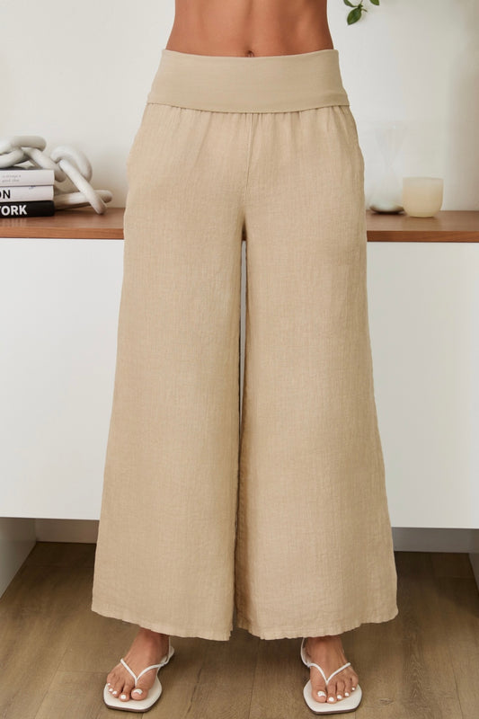 Fold Over Waist Palazzo Linen Pants-Earth Beige