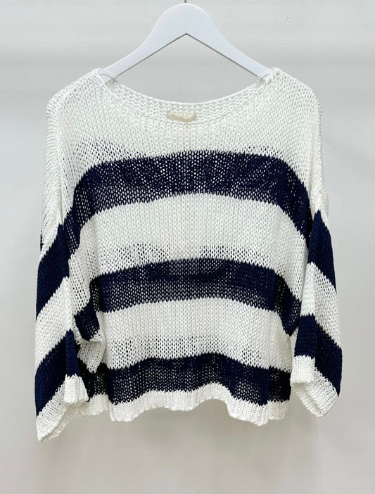 Striped Crew Neck Open Knit Crochet Top-White/Navy
