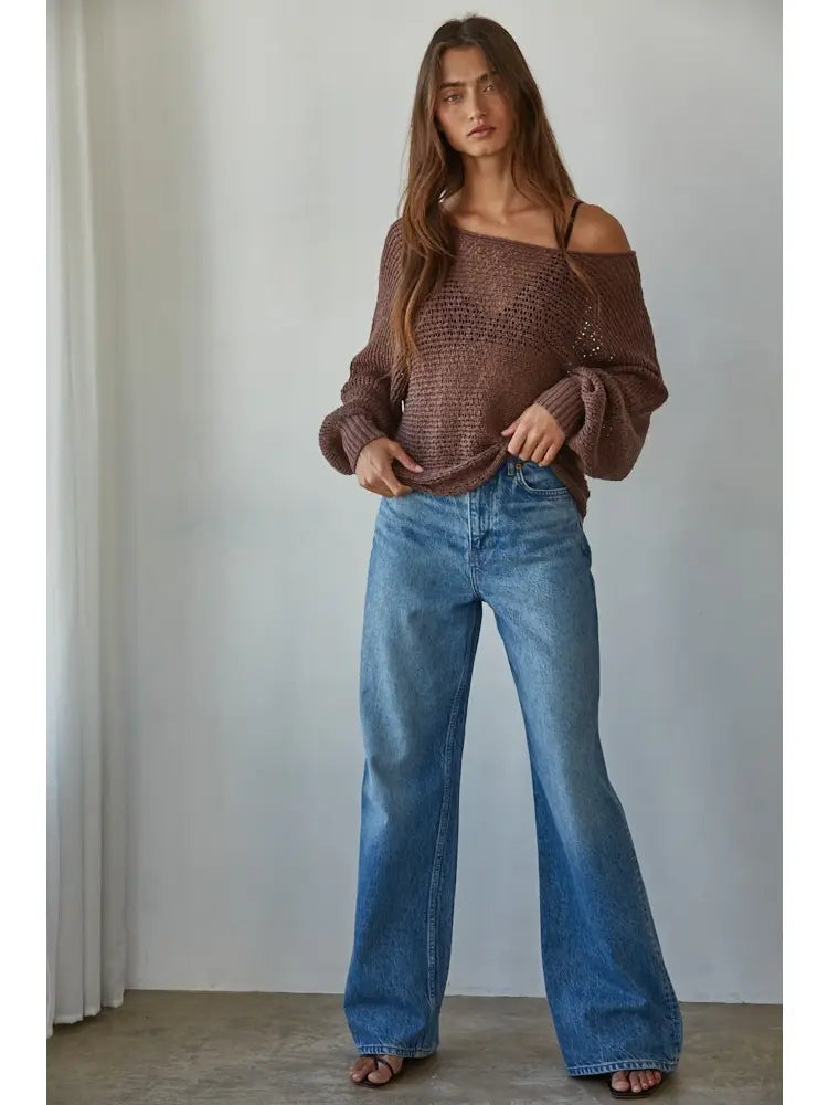 Knit Sweater Crochet Round Neck Long Sleeve Top-Chocolate