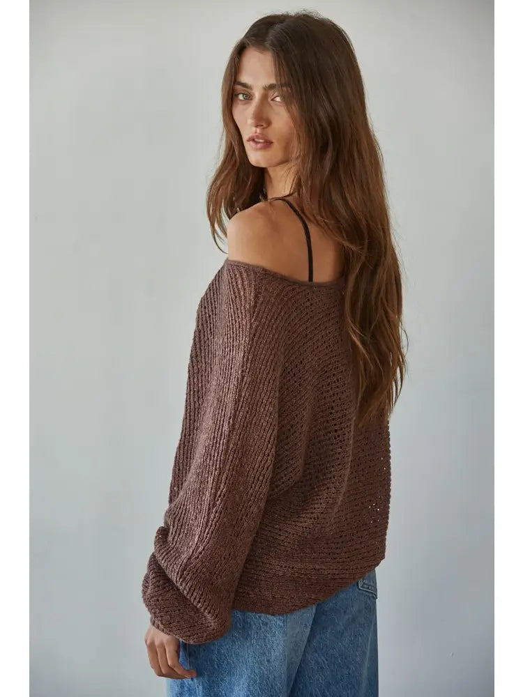 Knit Sweater Crochet Round Neck Long Sleeve Top-Chocolate