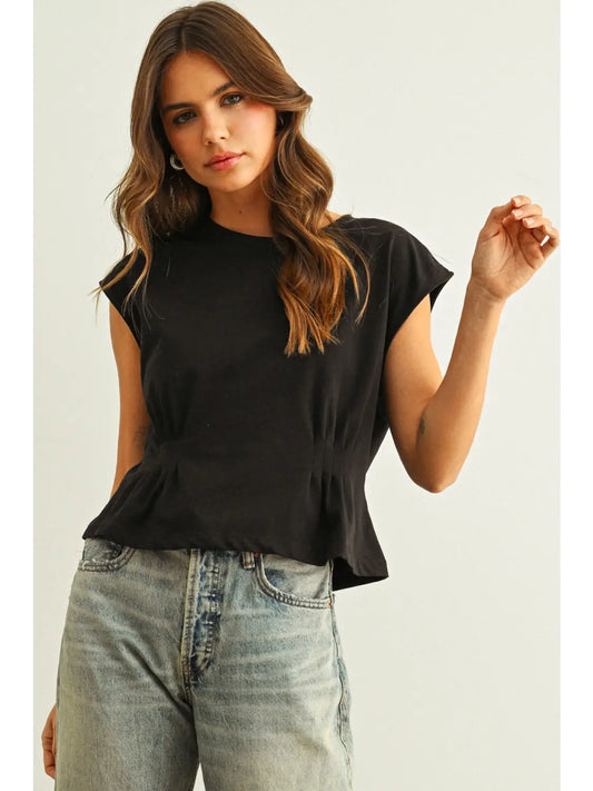Round Neck Waist Cap Sleeve Top-Black