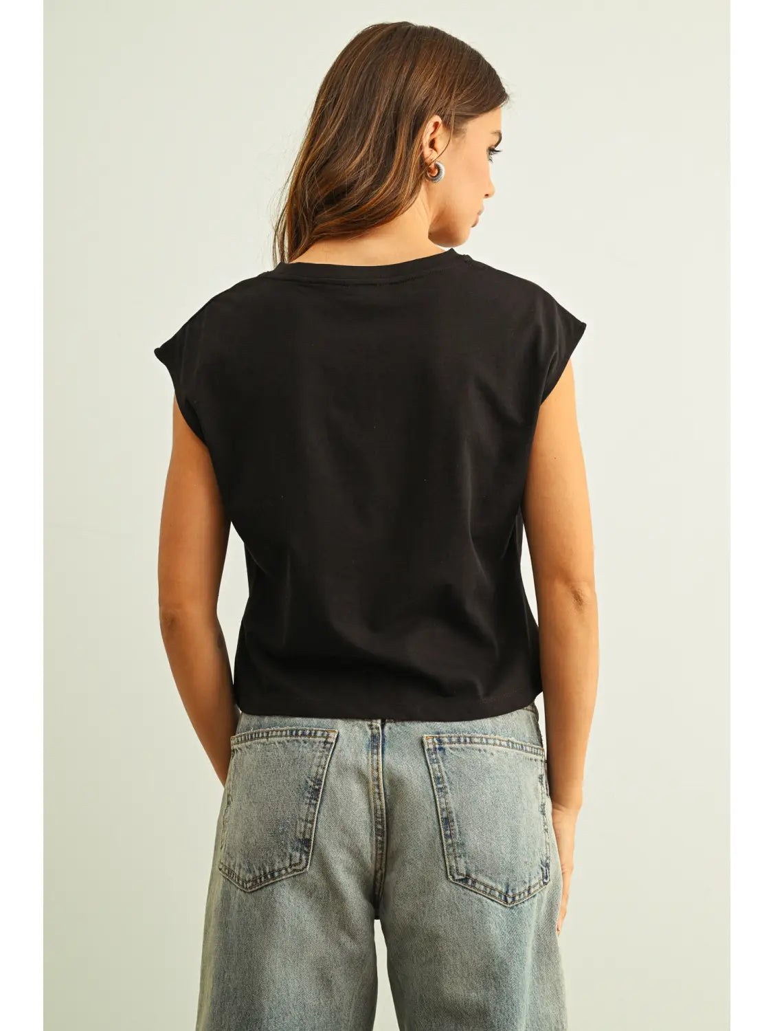 Round Neck Waist Cap Sleeve Top-Black