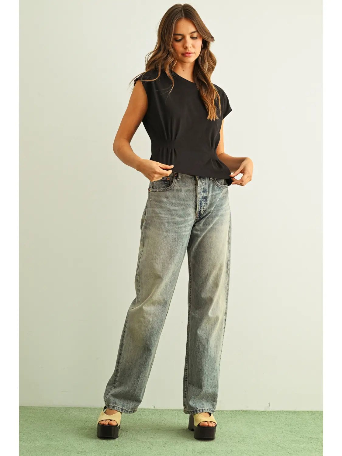 Round Neck Waist Cap Sleeve Top-Black