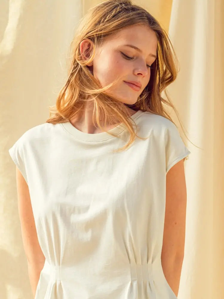 Round Neck Waist Cap Sleeve Top-Misty White