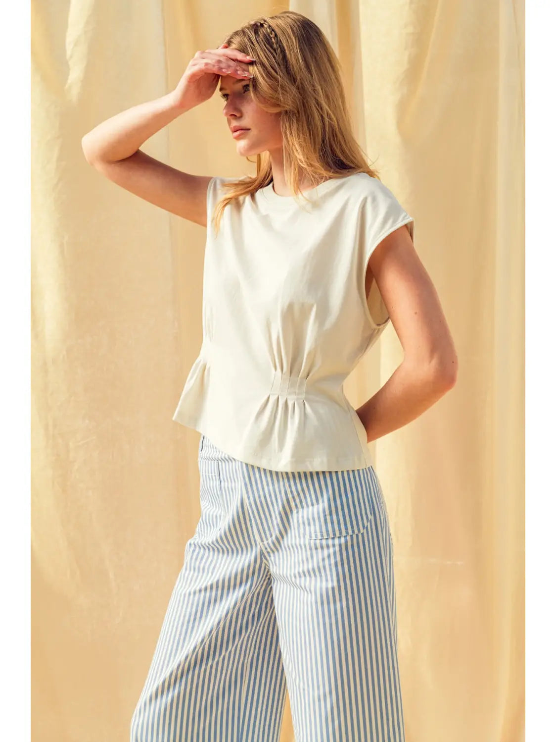 Round Neck Waist Cap Sleeve Top-Misty White