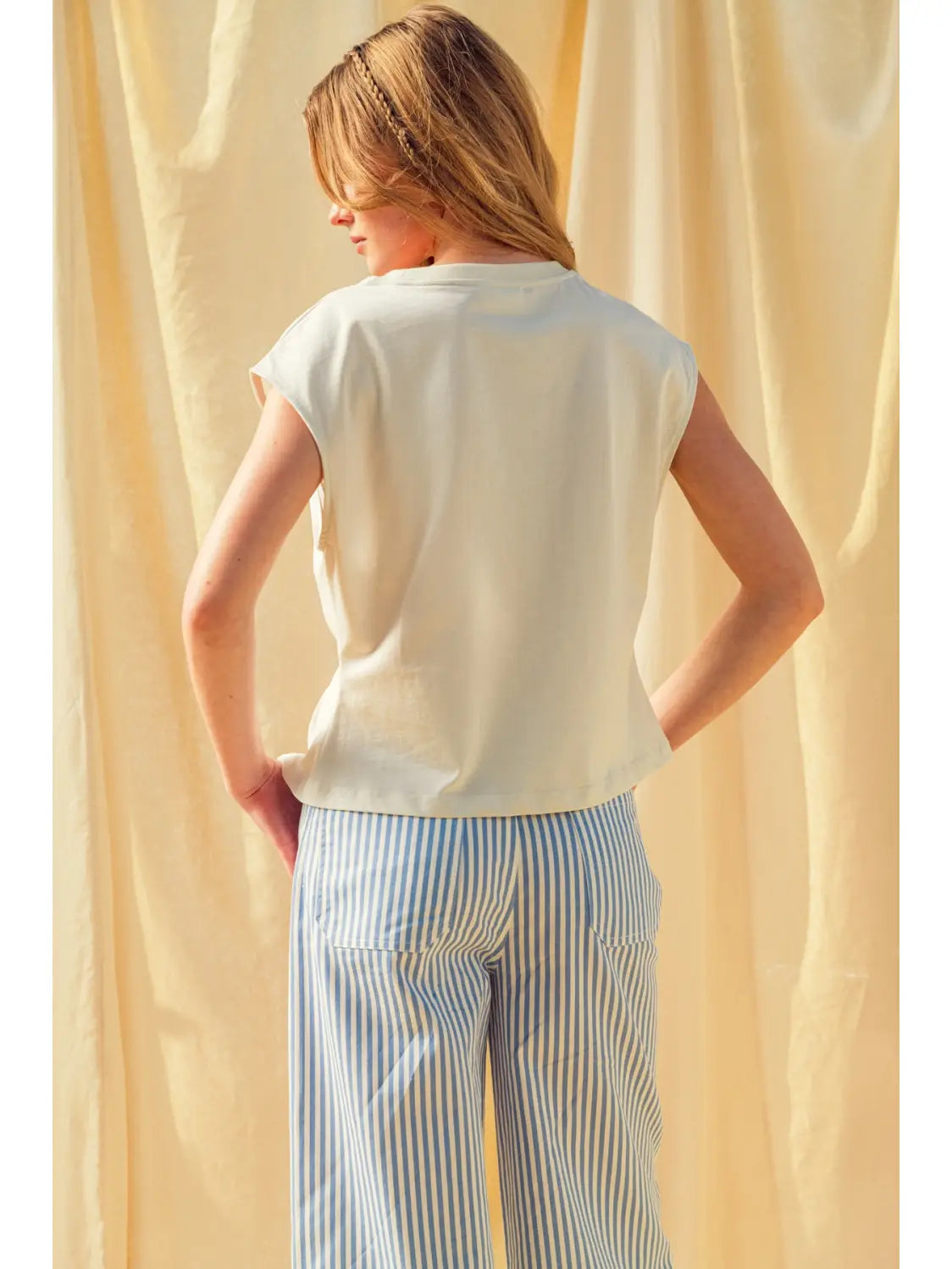 Round Neck Waist Cap Sleeve Top-Misty White