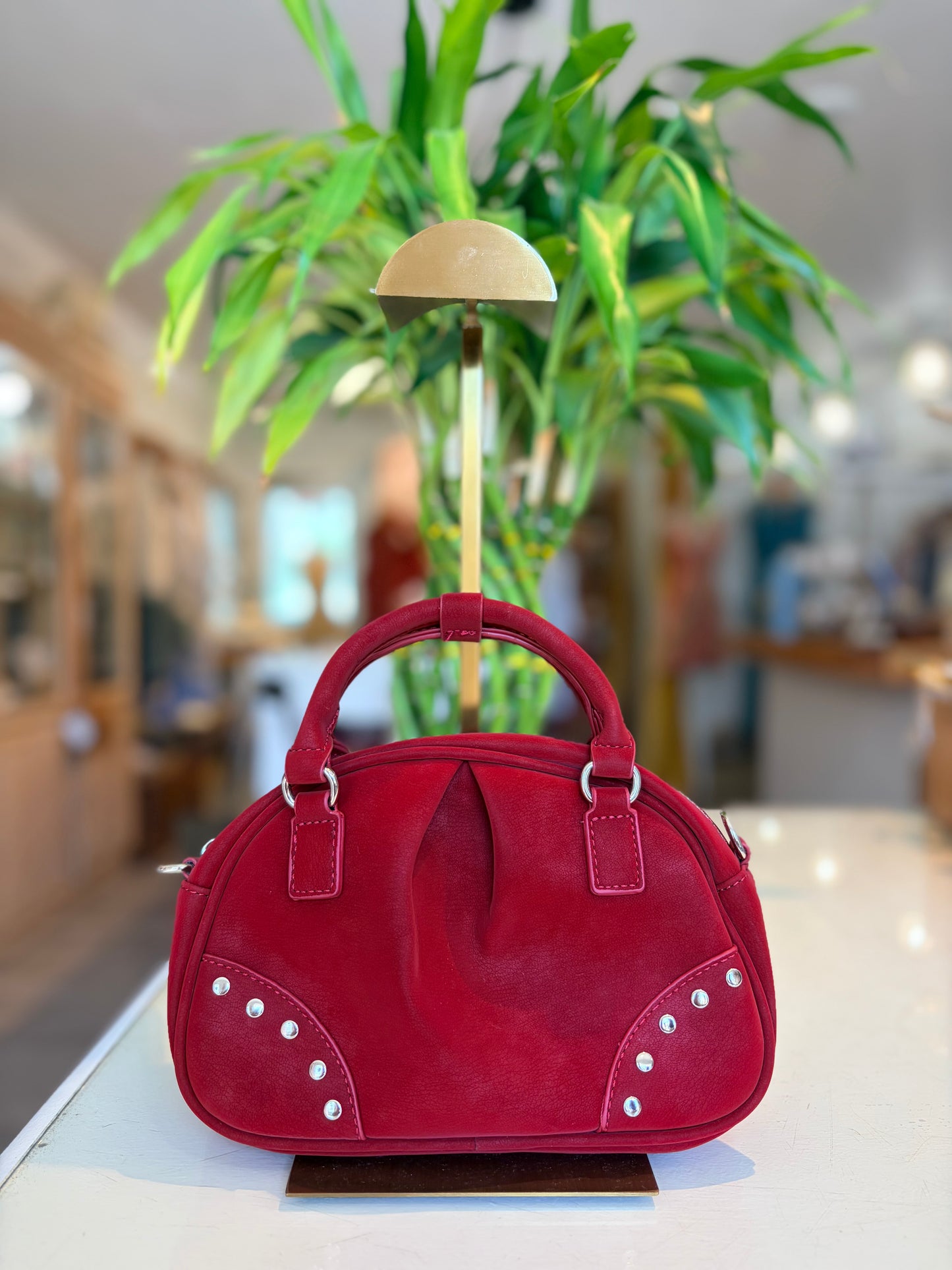 Suede Like Microfiber Leather Bowling/Crossbody Bag-Red