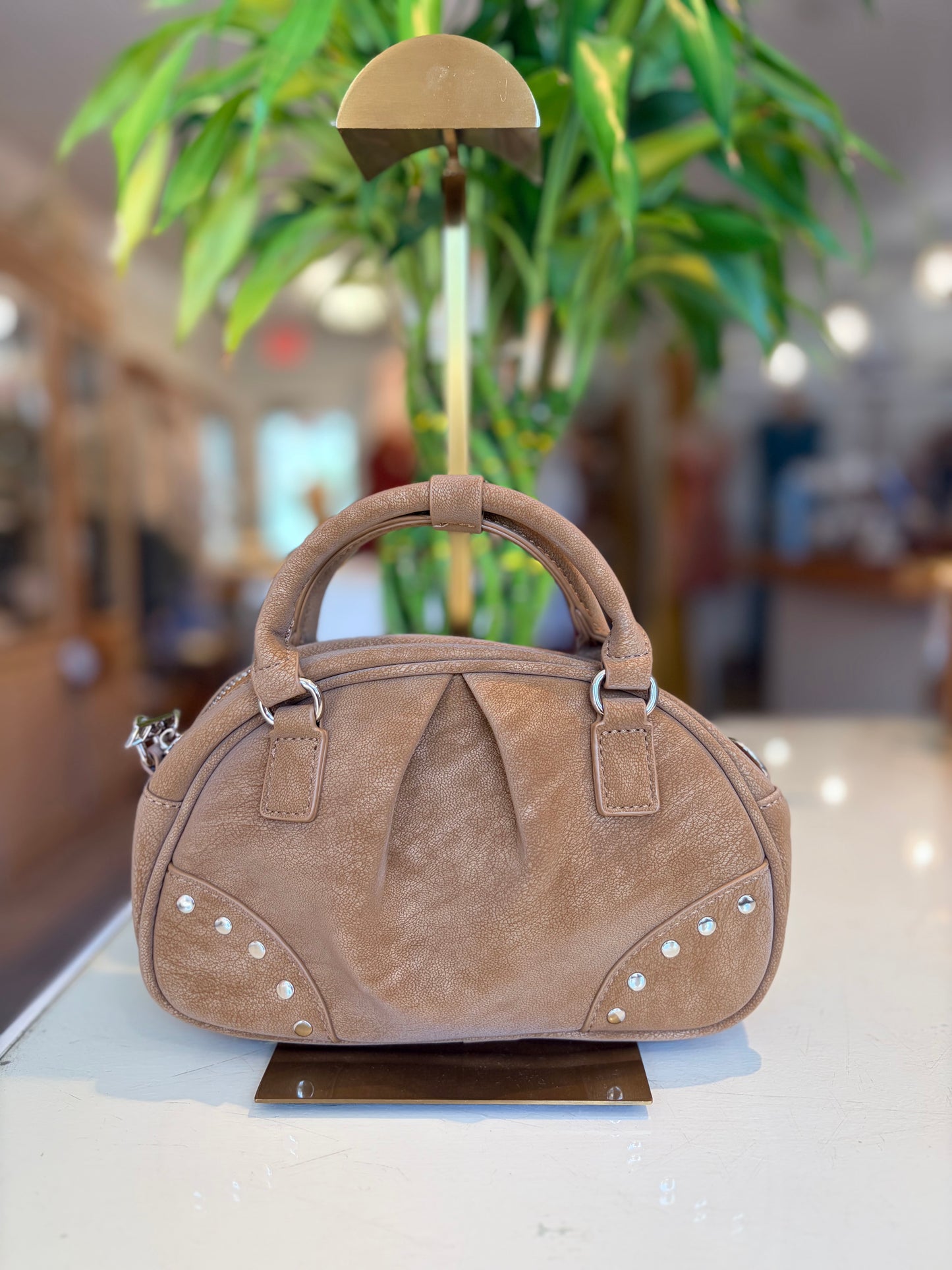Suede Like Microfiber Leather Bowling/Crossbody Bag-Camel