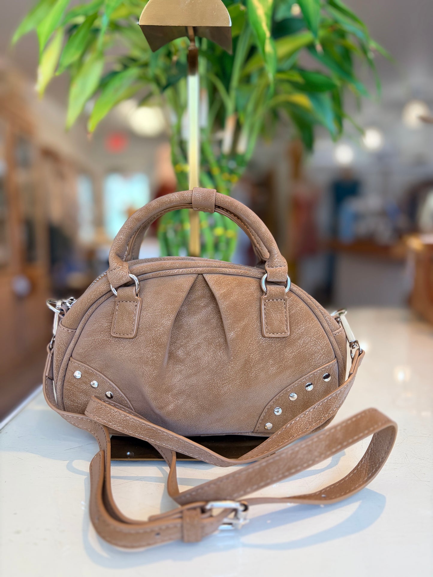 Suede Like Microfiber Leather Bowling/Crossbody Bag-Camel