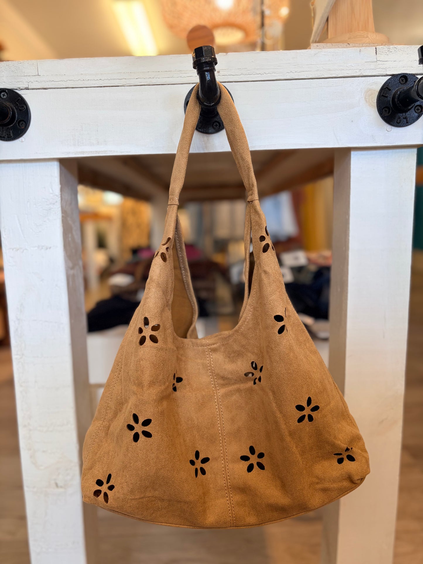 Flower Cut Out Suede Like Microfiber Leather Hobo Bag-Tan