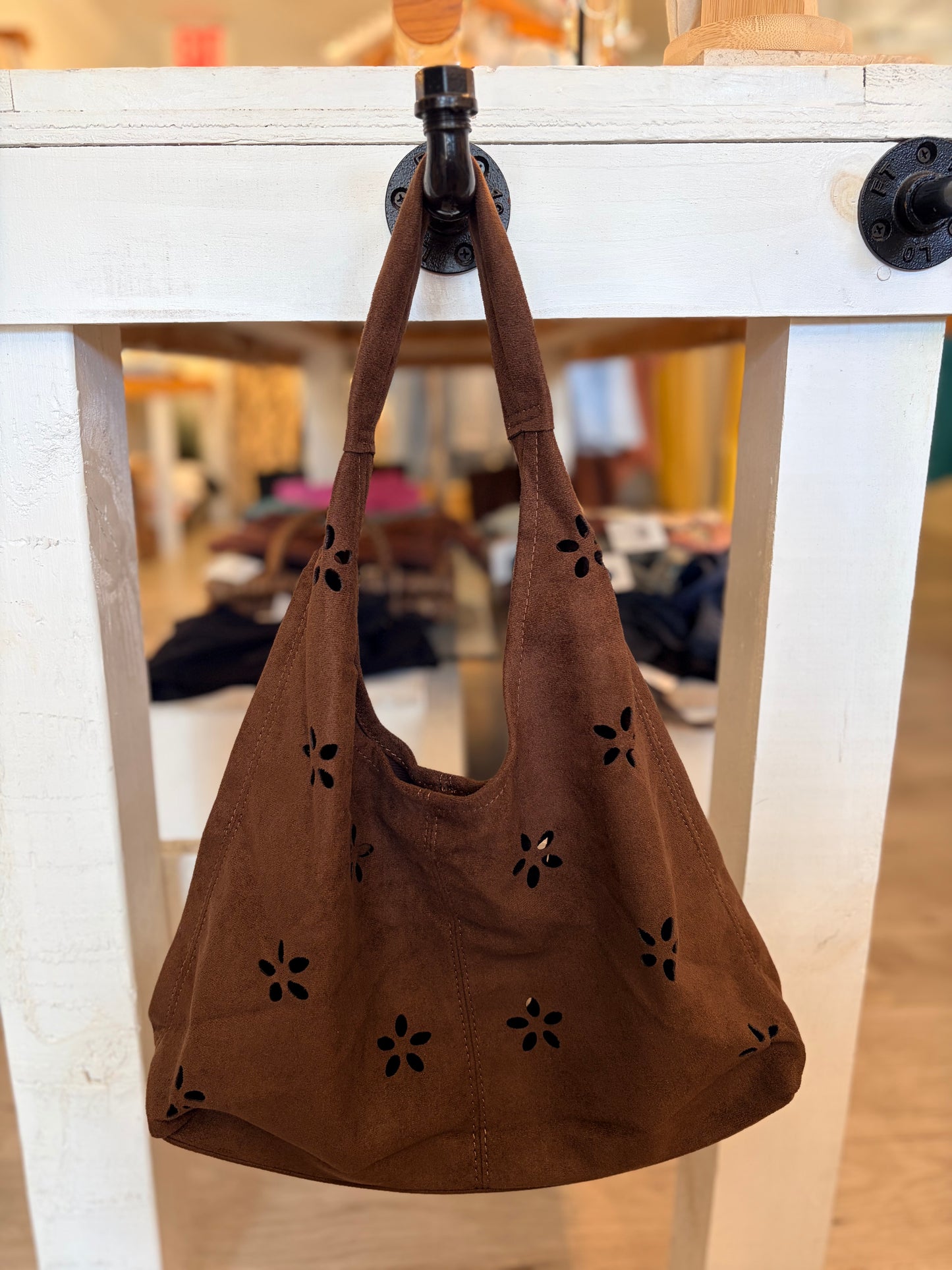 Flower Cut Out Suede Like Microfiber Leather Hobo Bag-Chocolate