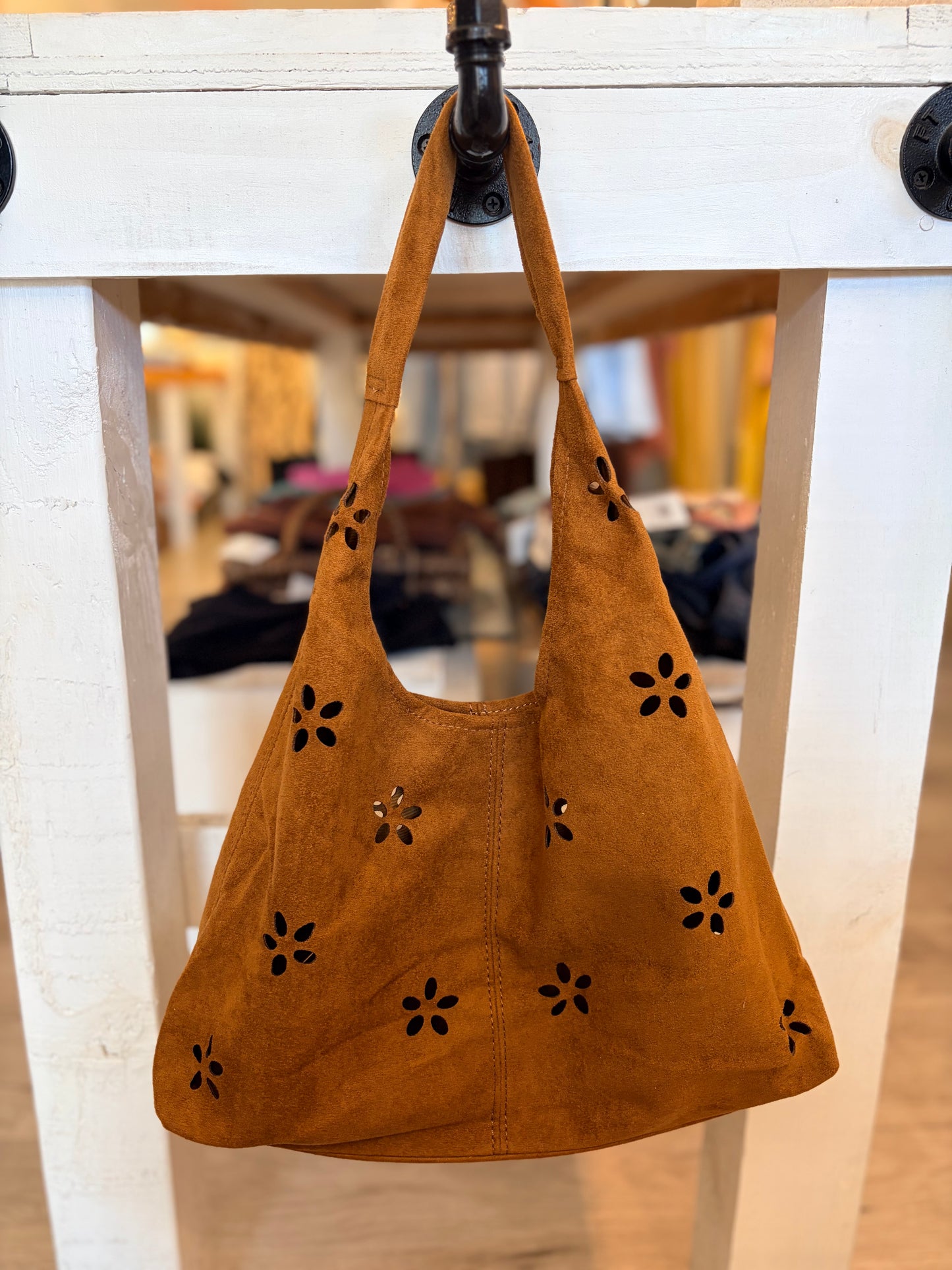 Flower Cut Out Suede Like Microfiber Leather Hobo Bag-Brown