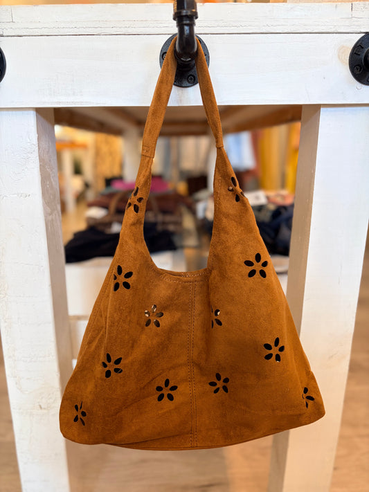Flower Cut Out Suede Like Microfiber Leather Hobo Bag-Brown