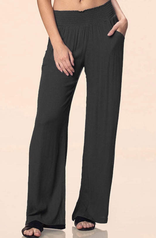 Elastic Waistband Pants w/Pockets-Black