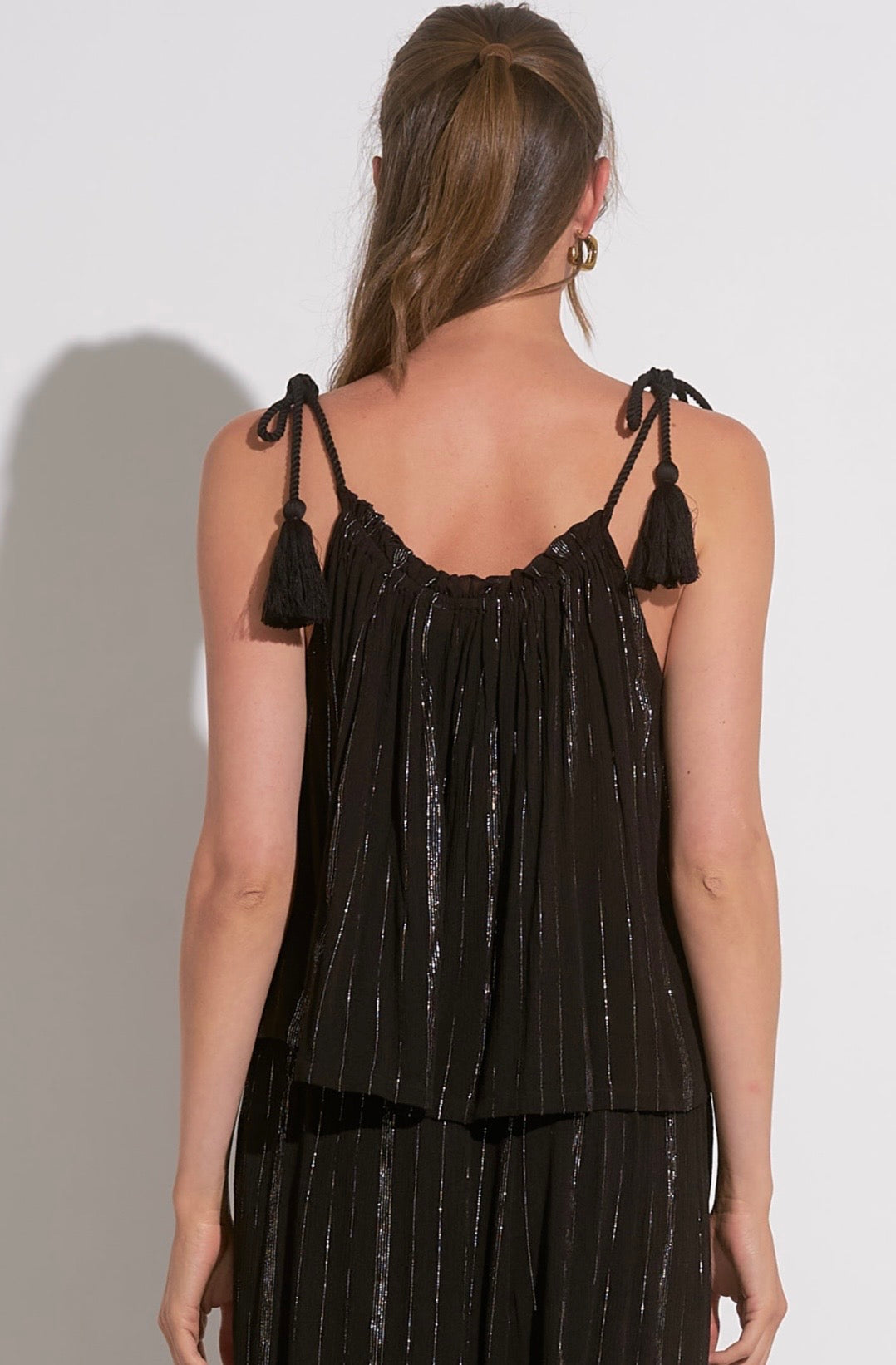 Flowy Tie Spagheti Strap Top-Black Stripe