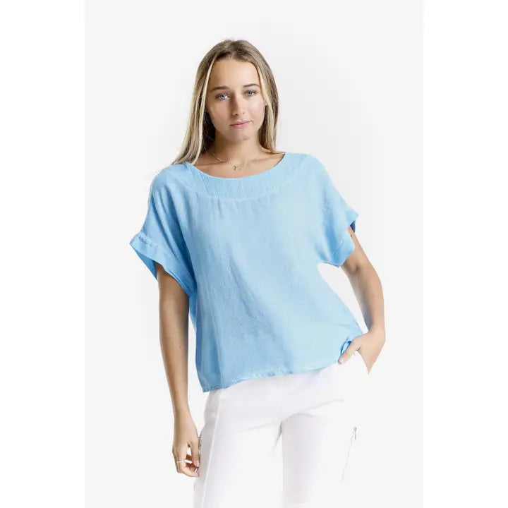Short Sleeve Yoke Neck Top-Turq Enzyme