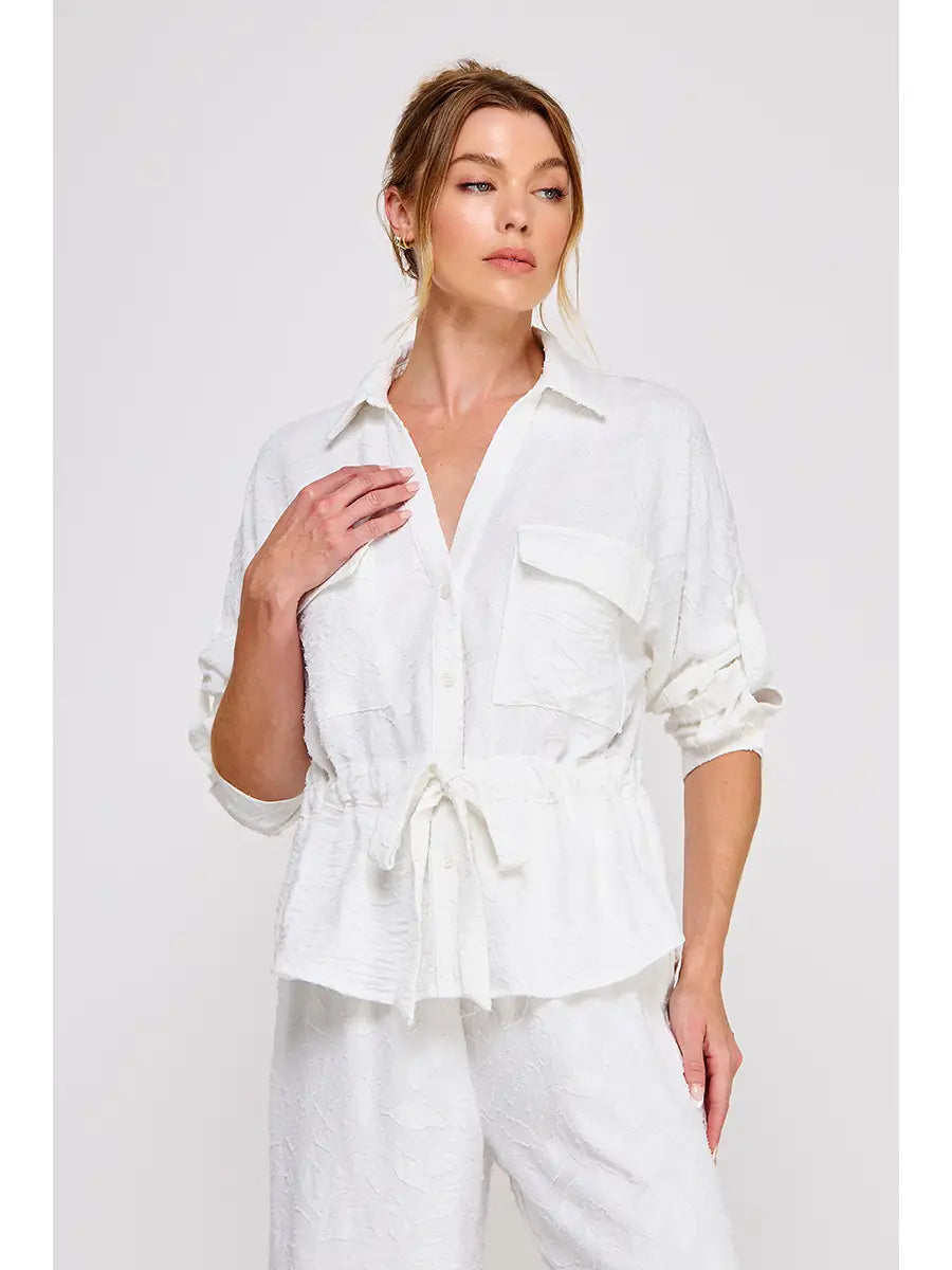 Jacquard Utility Tie Waist LS Top-Off White