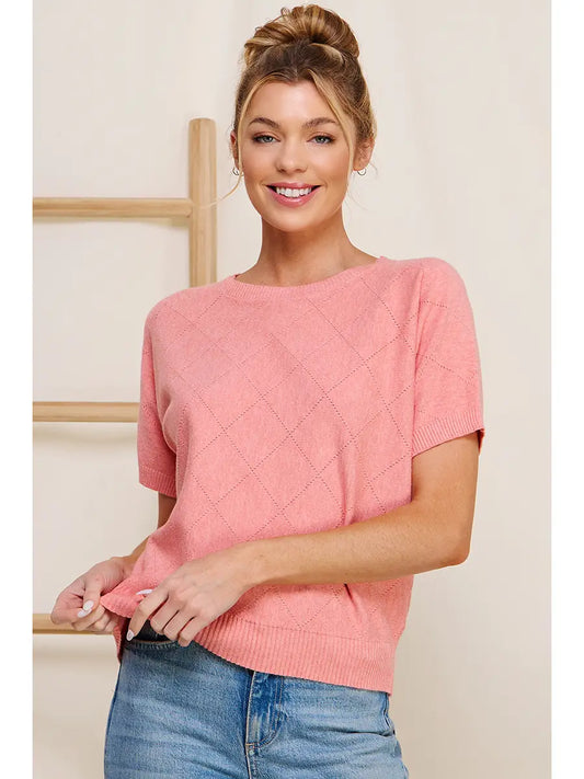 FINAL Short Sleeve Diamond Pointelle Top-Coral Rose