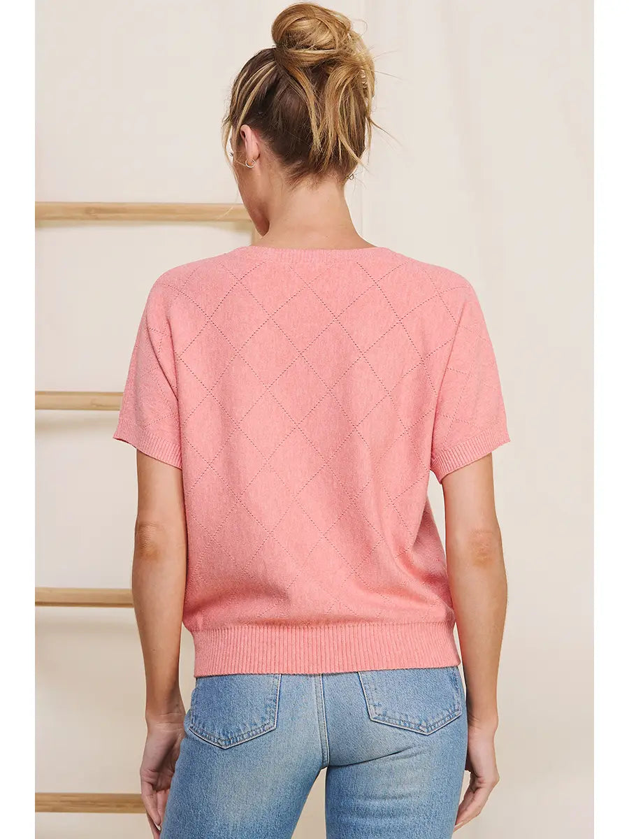 FINAL Short Sleeve Diamond Pointelle Top-Coral Rose