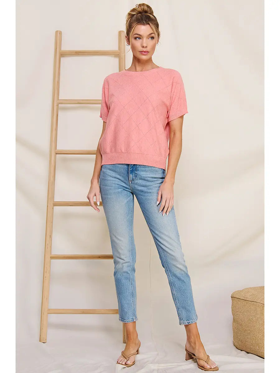 FINAL Short Sleeve Diamond Pointelle Top-Coral Rose