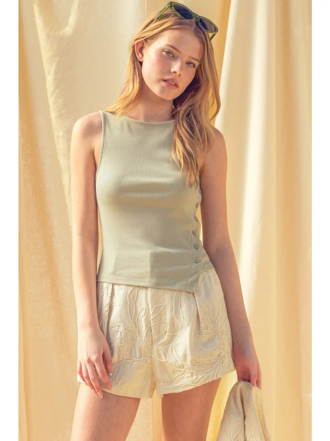 Ribbed S/L Button Detail on Side Top-Sage