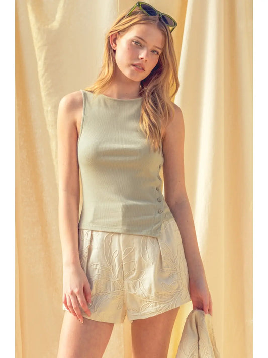 Ribbed S/L Button Detail on Side Top-Sage