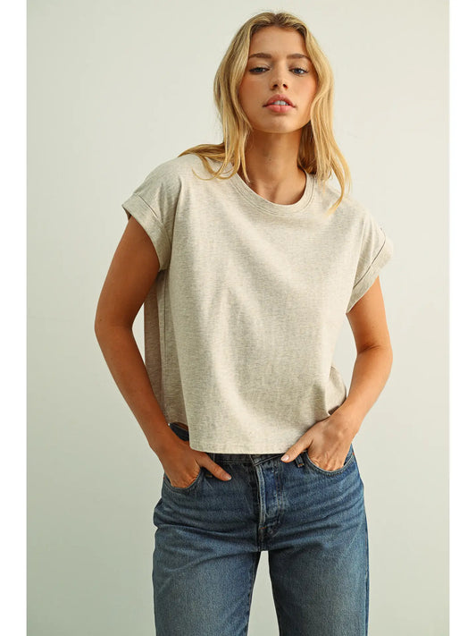 Round Neck Cuffed Sleeve Top-Melange Tan