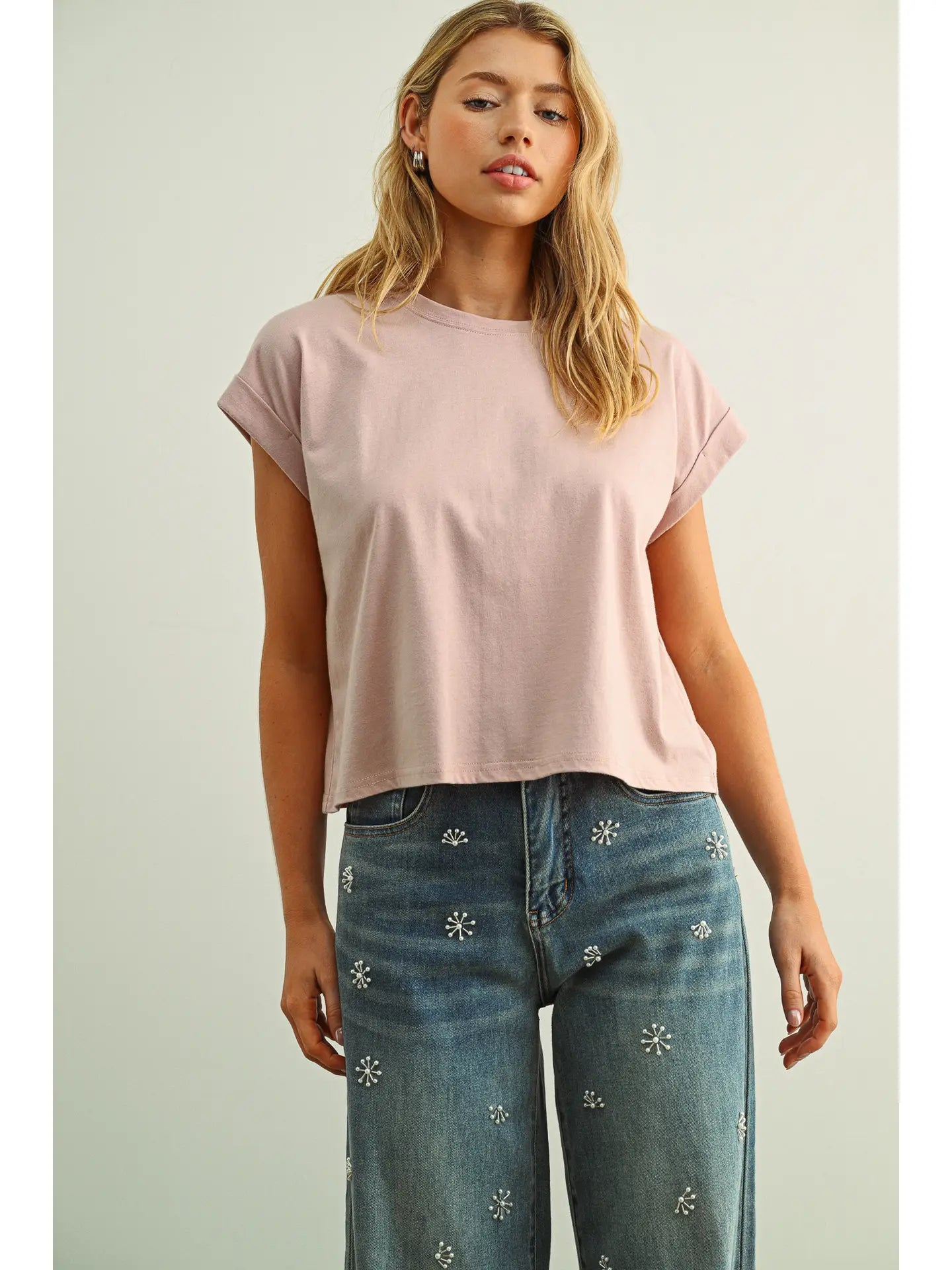 Round Neck Cuffed Sleeve Top-Strawberry Milk