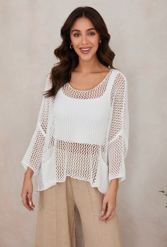 Drop Shoulder Crochet Top w/Pocket-White
