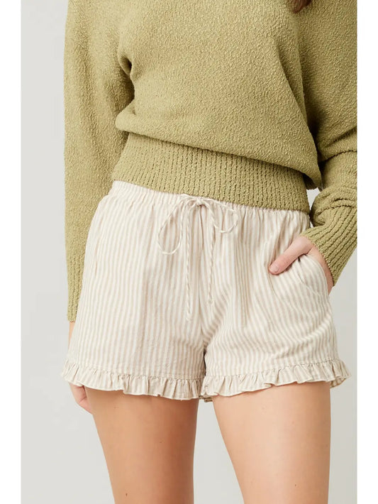 Striped Cotton Ruffle Shorts-Stone