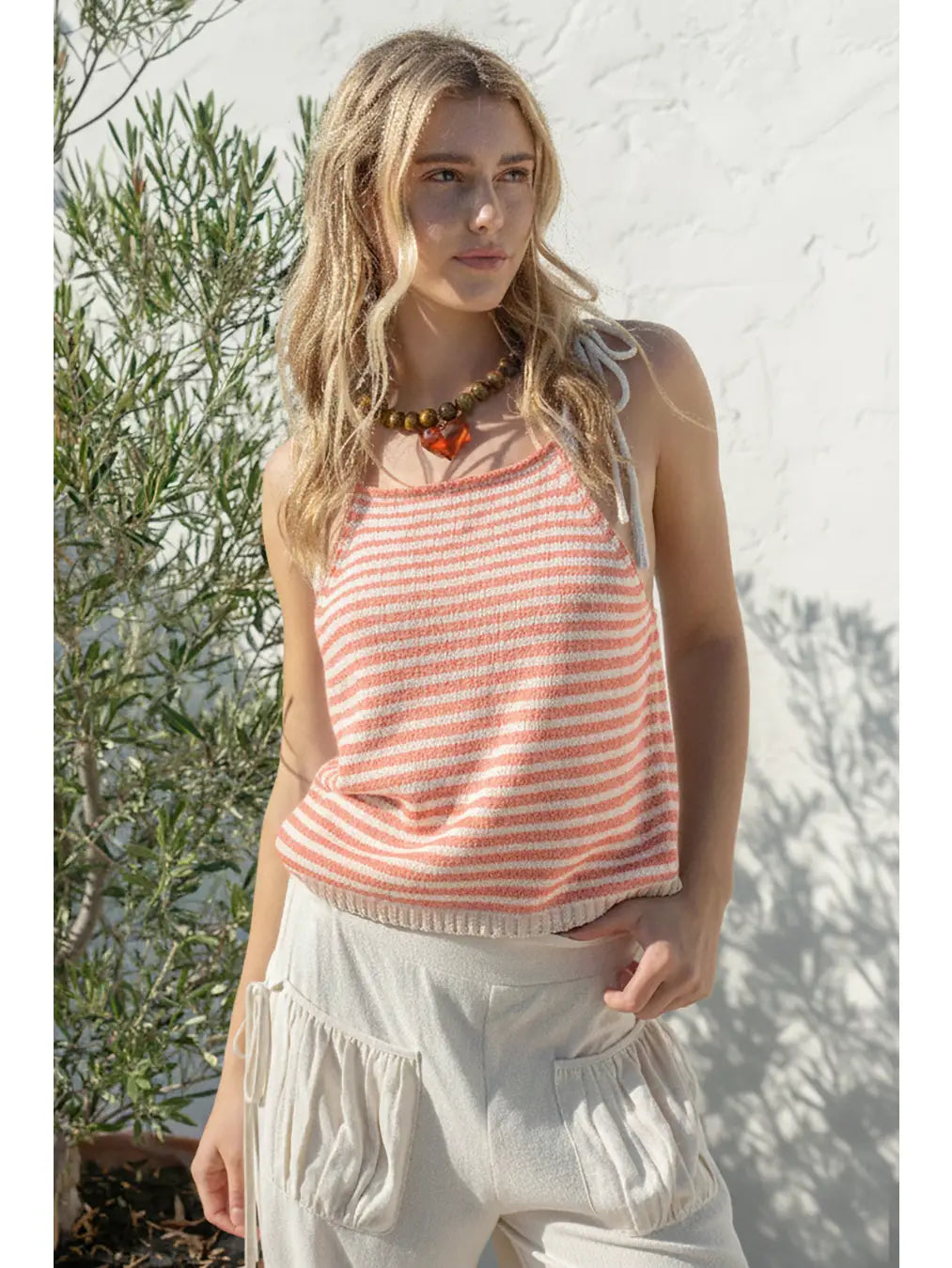 Halter Top-Coral/Beige Striped