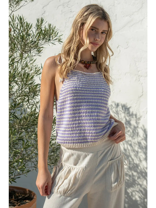 Halter Top-Purple/Beige Stripped