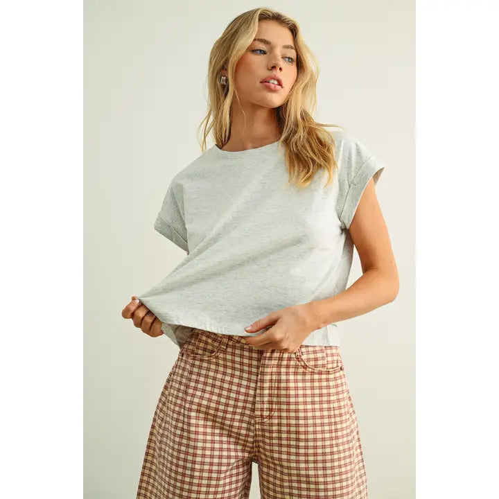 Round Neck Cuffed Sleeve Top-Heather Grey