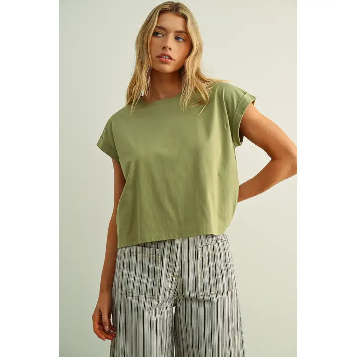 Round Neck Cuffed Sleeve Top-Matcha