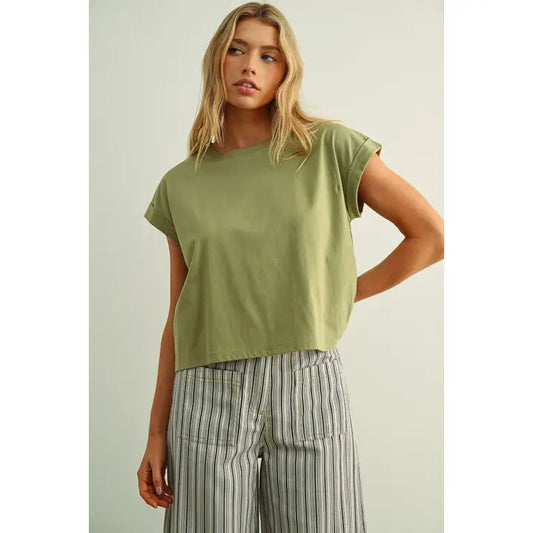 Round Neck Cuffed Sleeve Top-Matcha